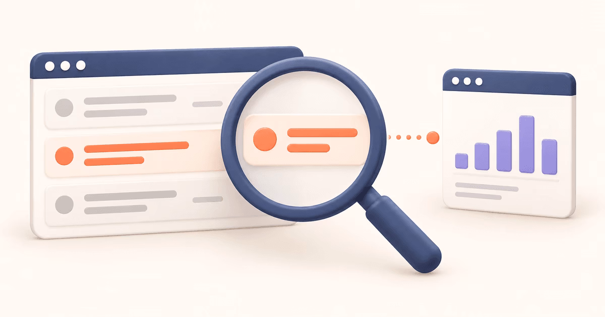 A magnifying glass highlights a blocked request between a browser network panel and an analytics panel.
