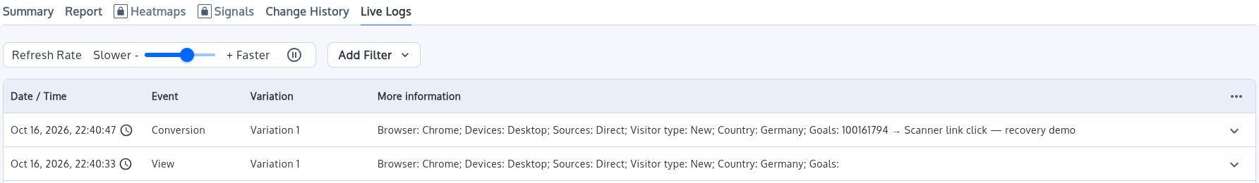 Convert Live Logs shows a Variation 1 view at 22:40:33 and a conversion at 22:40:47 for the scanner-click recovery demo goal.
