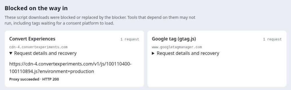 Introtrace scanner identifies the Convert Experiences loader among blocked inbound requests and reports Proxy succeeded, HTTP 200.