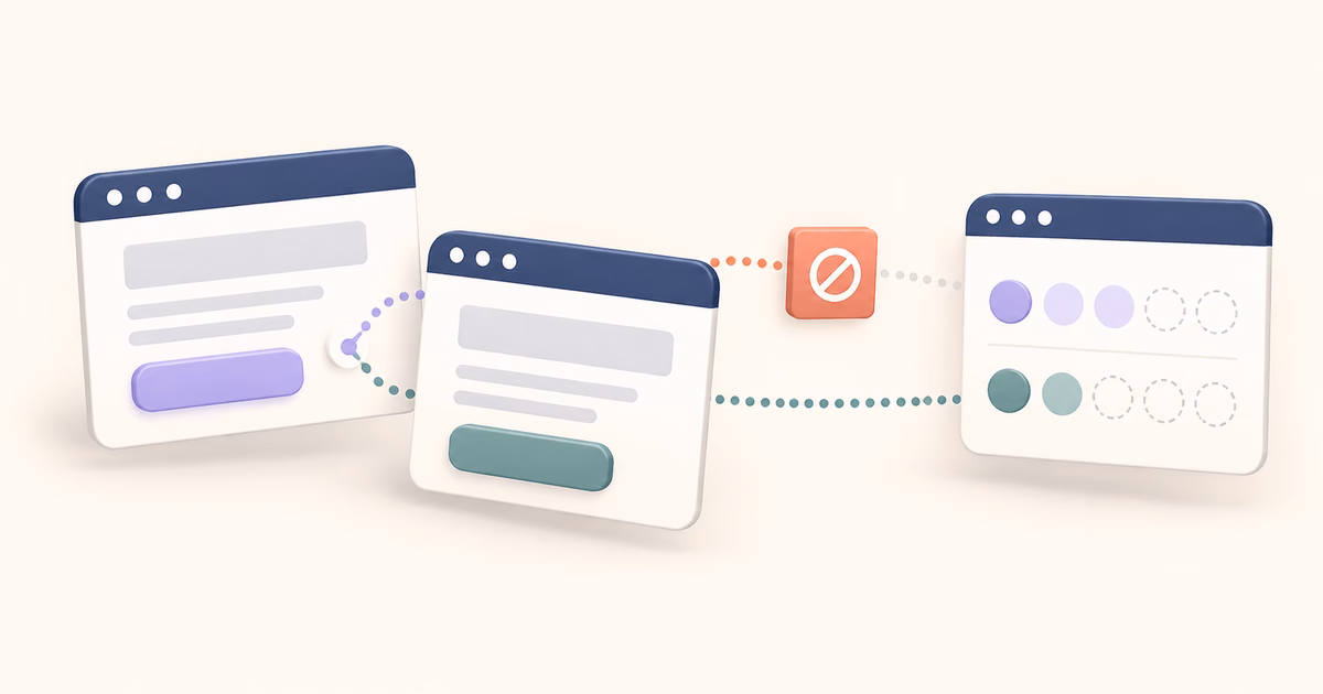 Two alternative browser experiences send event paths toward an analytics panel, with one path blocked and observations missing.